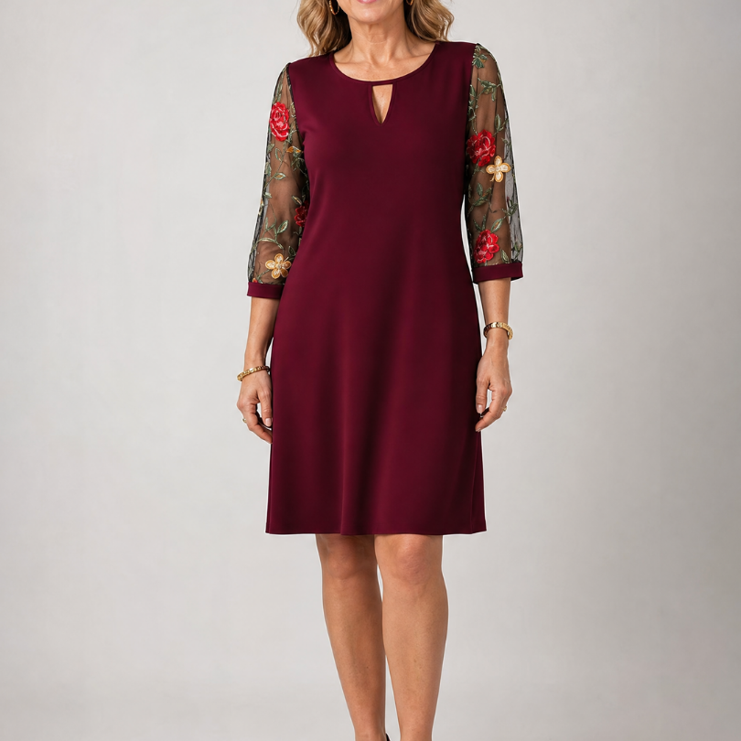 Casvia | Embroidered Mesh Sleeve Mini Dress