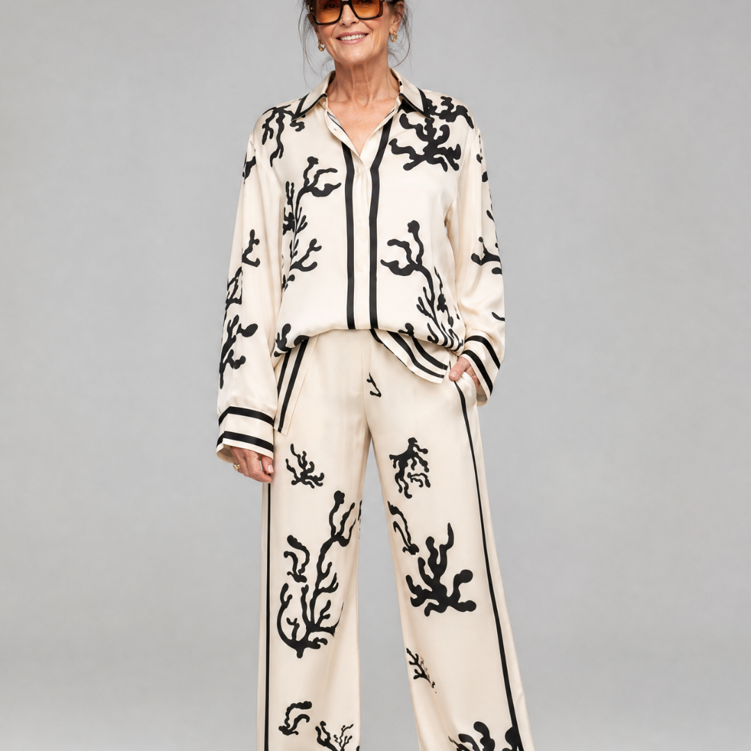 Calbeth | Abstract Coastal Print Shirt And Wide Leg Pants Set