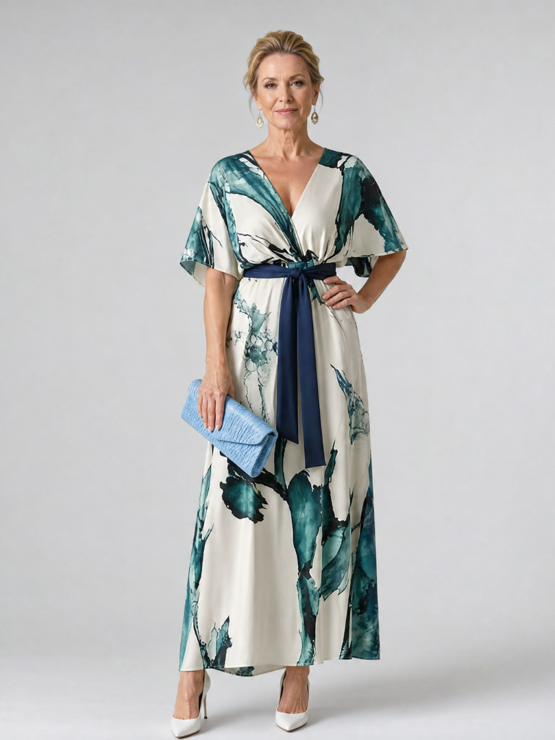 Verenarose | Abstract Belted Flutter Sleeve Maxi Dress