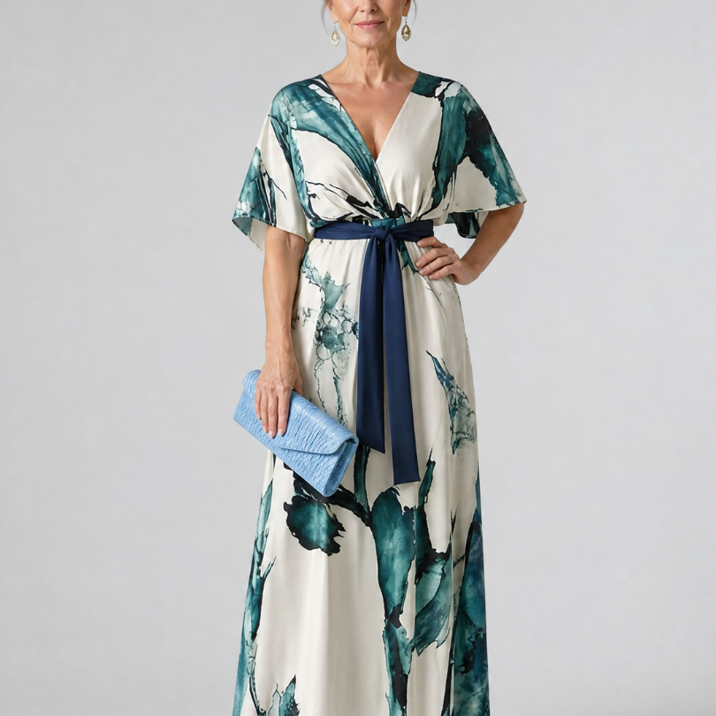 Verenarose | Abstract Belted Flutter Sleeve Maxi Dress