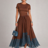 Romibelle | Short Sleeve Lace Hem Midi Dress