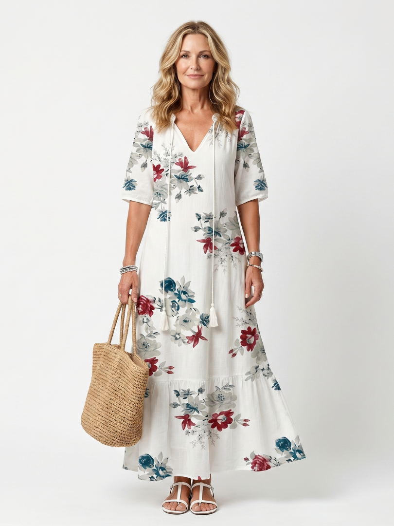 Suriwen | Scattered Floral Tassel Tie Midi Dress