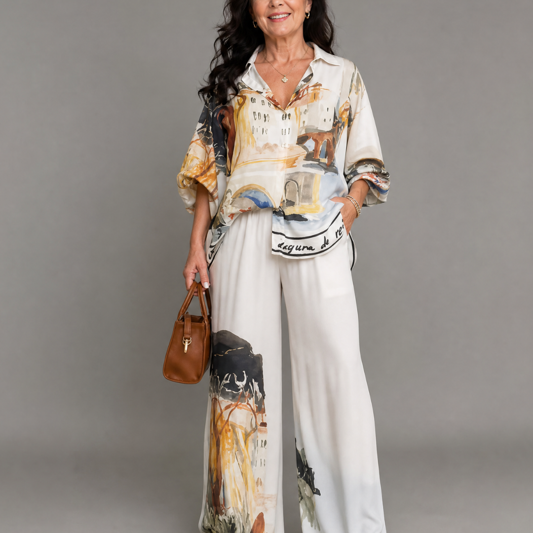 Fleursette | Artistic Print Blouse And Wide Leg Pants Set