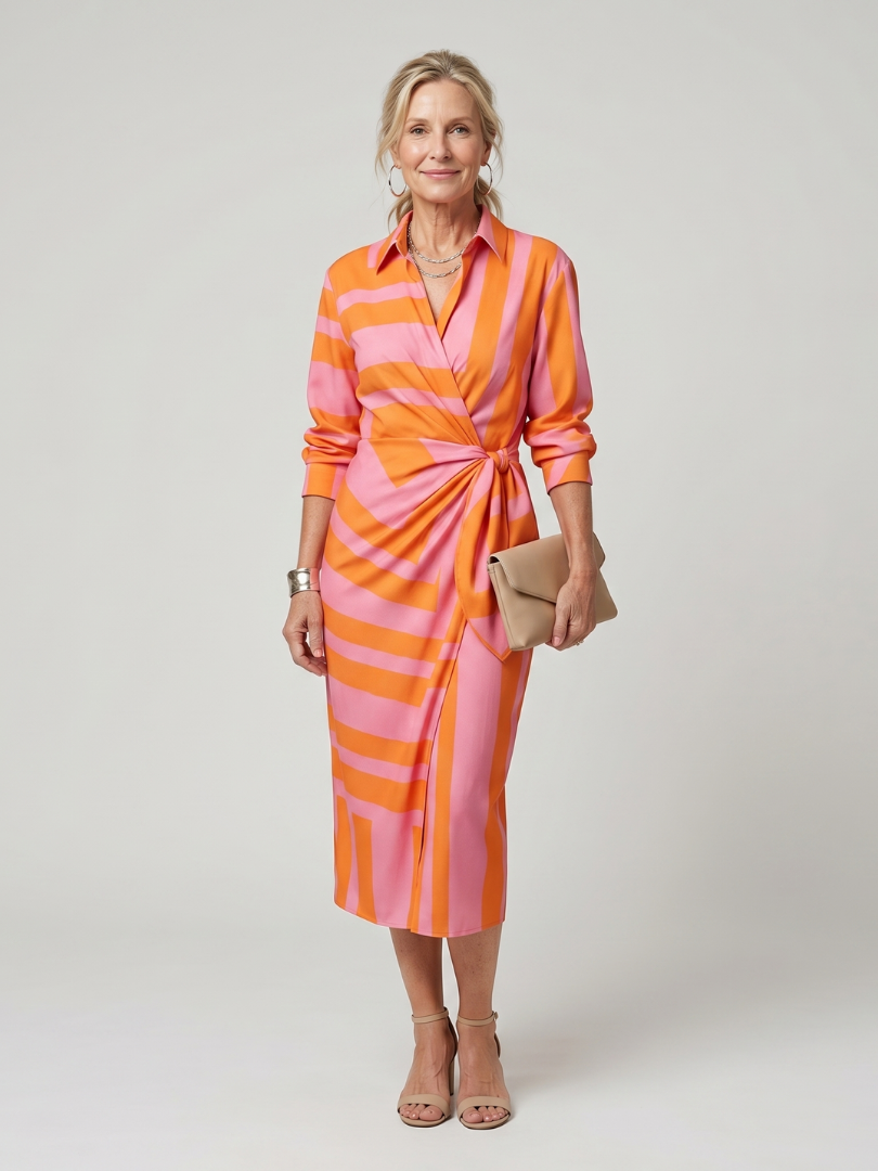 Dahine | Long Sleeve Collared Wrap Stripe Pattern Midi Dress