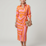Dahine | Long Sleeve Collared Wrap Stripe Pattern Midi Dress