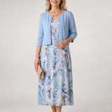 Velna | Floral Print Sleeveless Cropped Jacket Midi Dress
