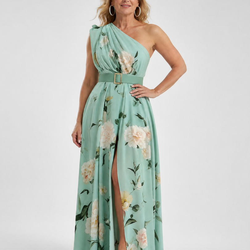 Dahina | Floral Print One Shoulder Belted Maxi Dress