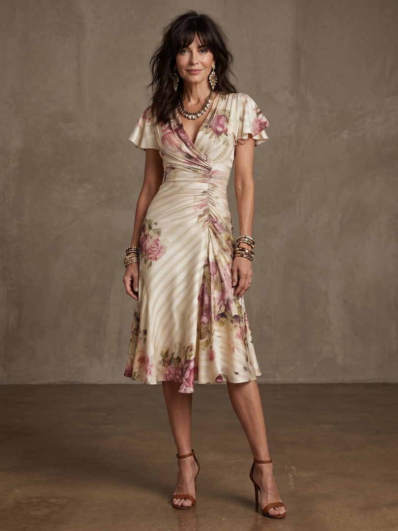Valthea | Floral Wrap Ruched Midi Dress