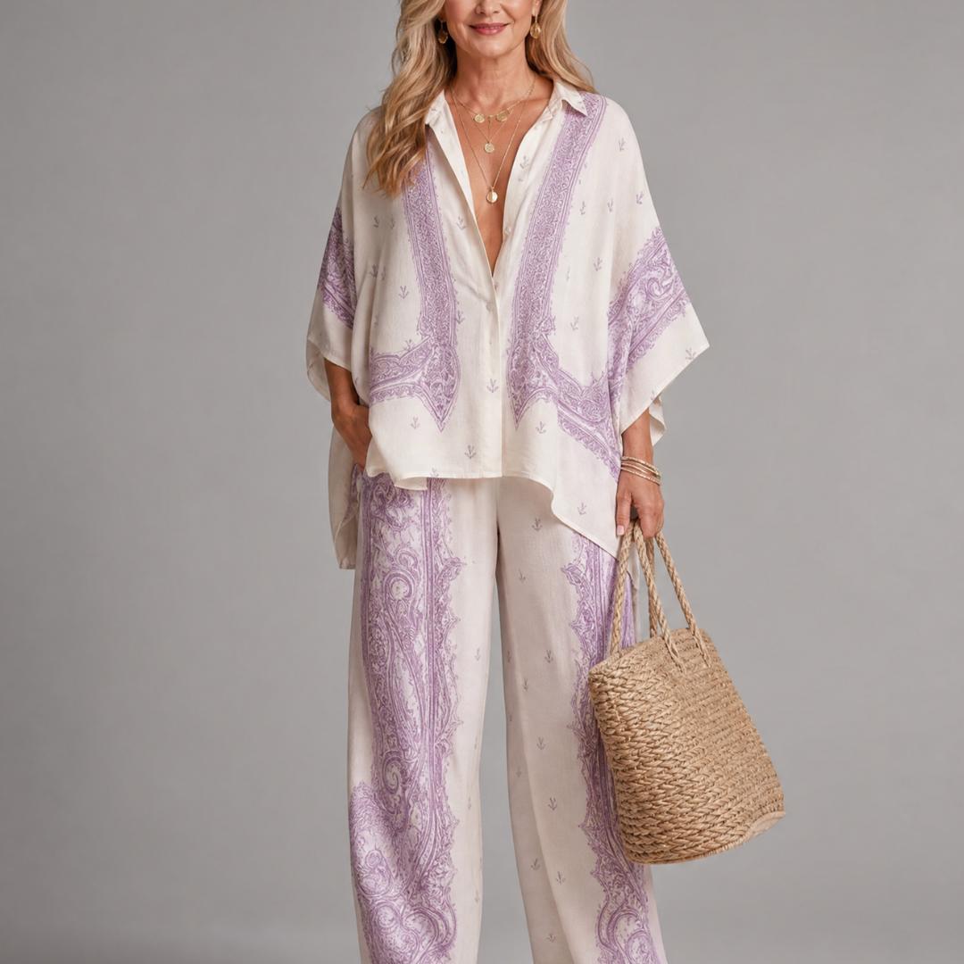 Norrose | Soft Print Oversized Shirt And Wide Leg Pants Set