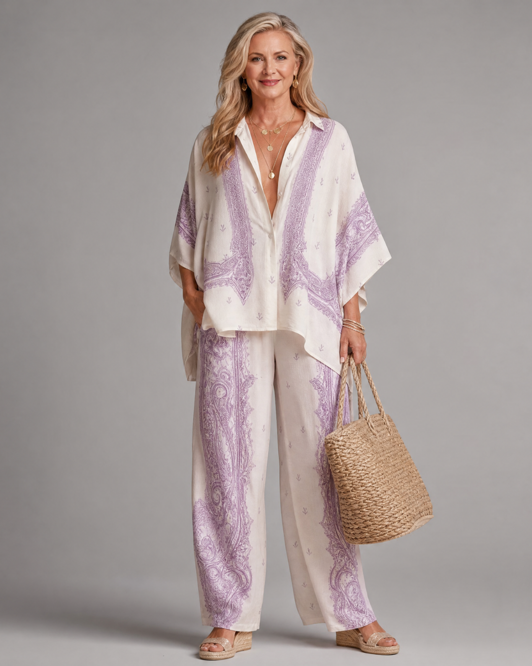 Norrose | Soft Print Oversized Shirt And Wide Leg Pants Set