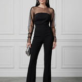 Thalette | Sheer Fitted Bodice Flared Leg Jumpsuit