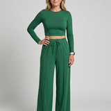 Lorlia | Long Sleeve Crew Neck Crop Top Pants Set