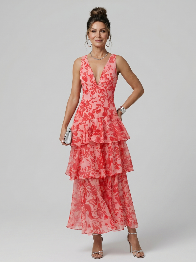 Sabda | Deep V Sleeveless Painterly Pattern Midi Dress