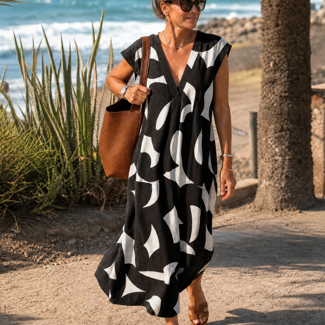 Verbeth | Abstract Print V Neck Flowing Midi Dress