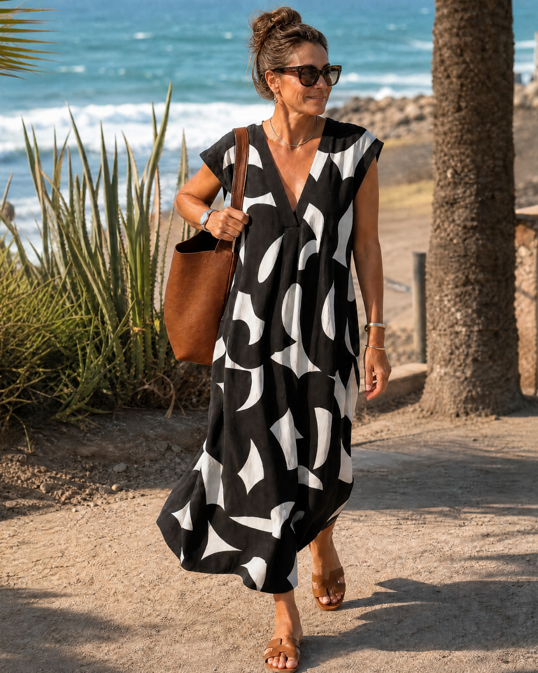 Verbeth | Abstract Print V Neck Flowing Midi Dress
