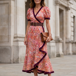 Delwen | Wrap Style Puff Sleeve Midi Dress