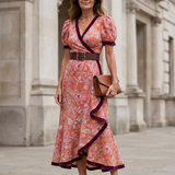 Delwen | Wrap Style Puff Sleeve Midi Dress