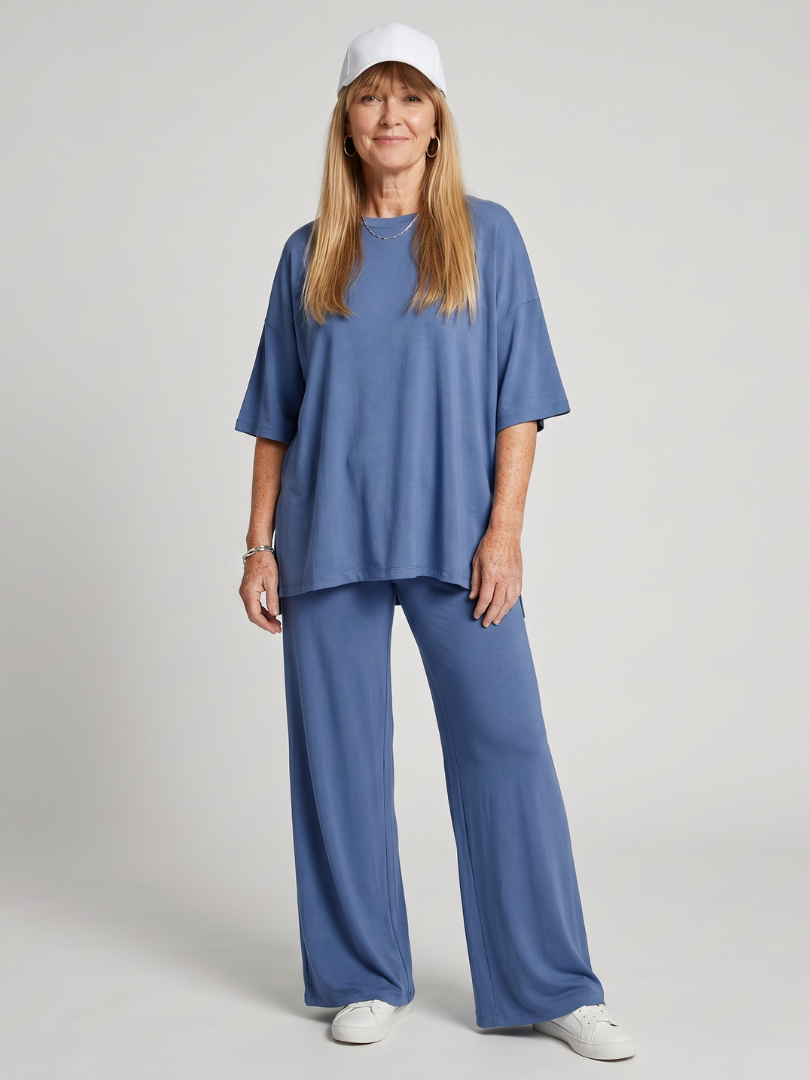 Belndra | Short Sleeve Oversized Top And Wide Leg Pants Set