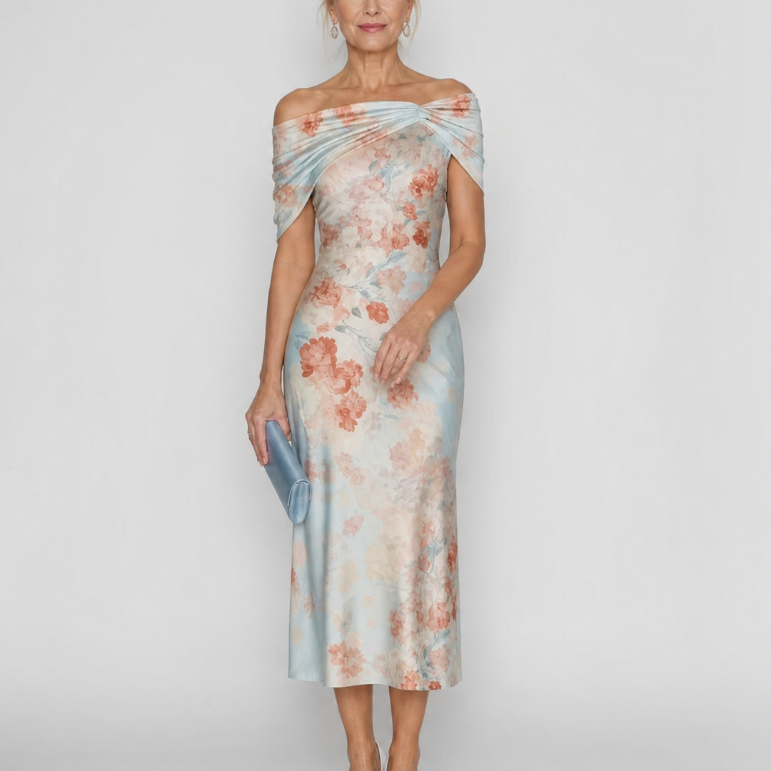 Eliwen | Soft Floral Off Shoulder Fitted Midi Dress