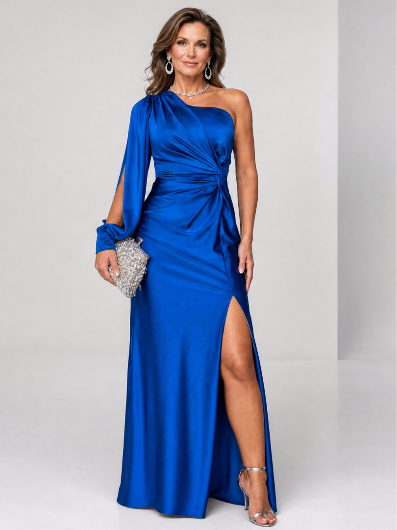 Julna | One Shoulder Draped Slit Maxi Dress