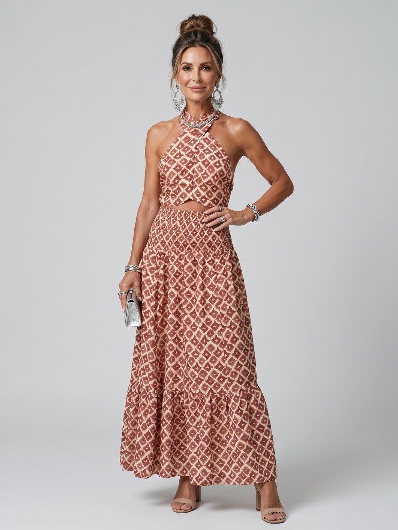 Vidarin | Cross Halter Geometric Print Cutout Midi Dress