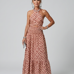 Vidarin | Cross Halter Geometric Print Cutout Midi Dress