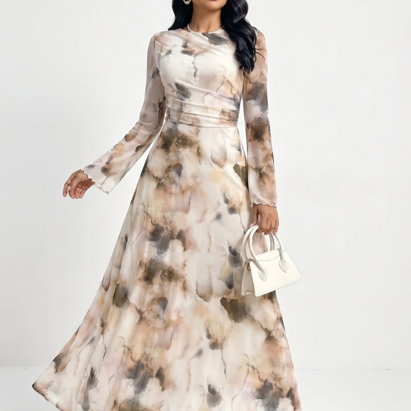 Kaldra | Long Sleeve Abstract Print Waist Maxi Dress