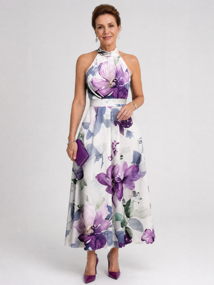 Teslia | Soft Bloom Halter Neck Flowing Midi Dress