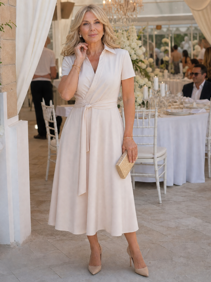 Kalndra | Short Sleeve Collared Wrap Waist Midi Dress