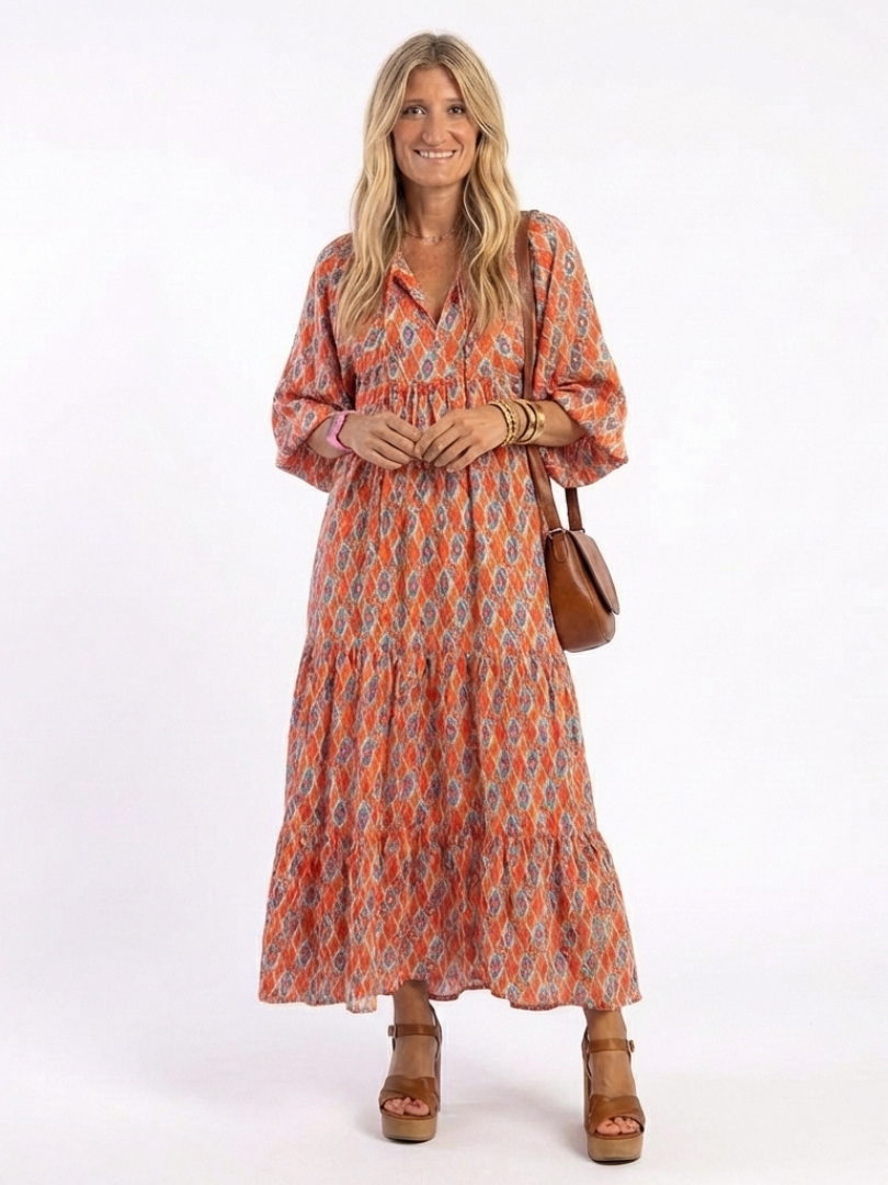 Cornia | Geometric Print V Neck Tiered Midi Dress