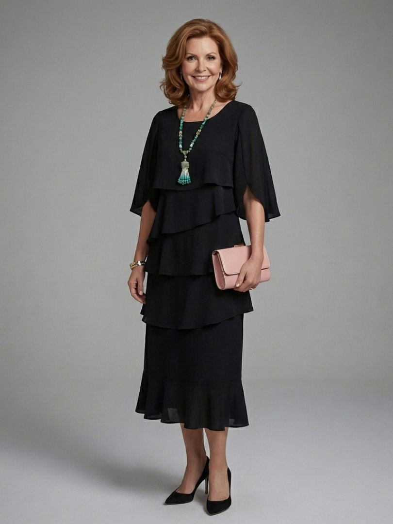 Hilana | Layered Cape Sleeve Midi Dress