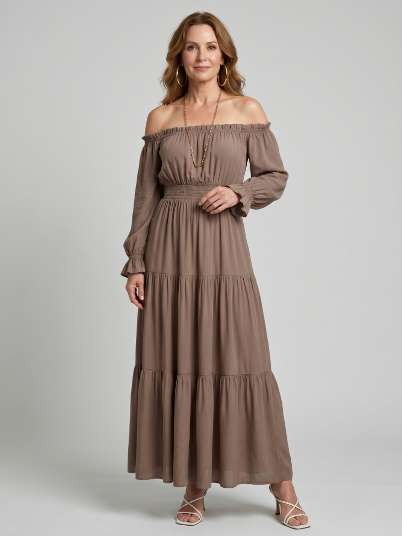 Sennarin | Off Shoulder Side Slit Midi Dress