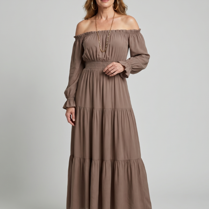 Sennarin | Off Shoulder Side Slit Midi Dress