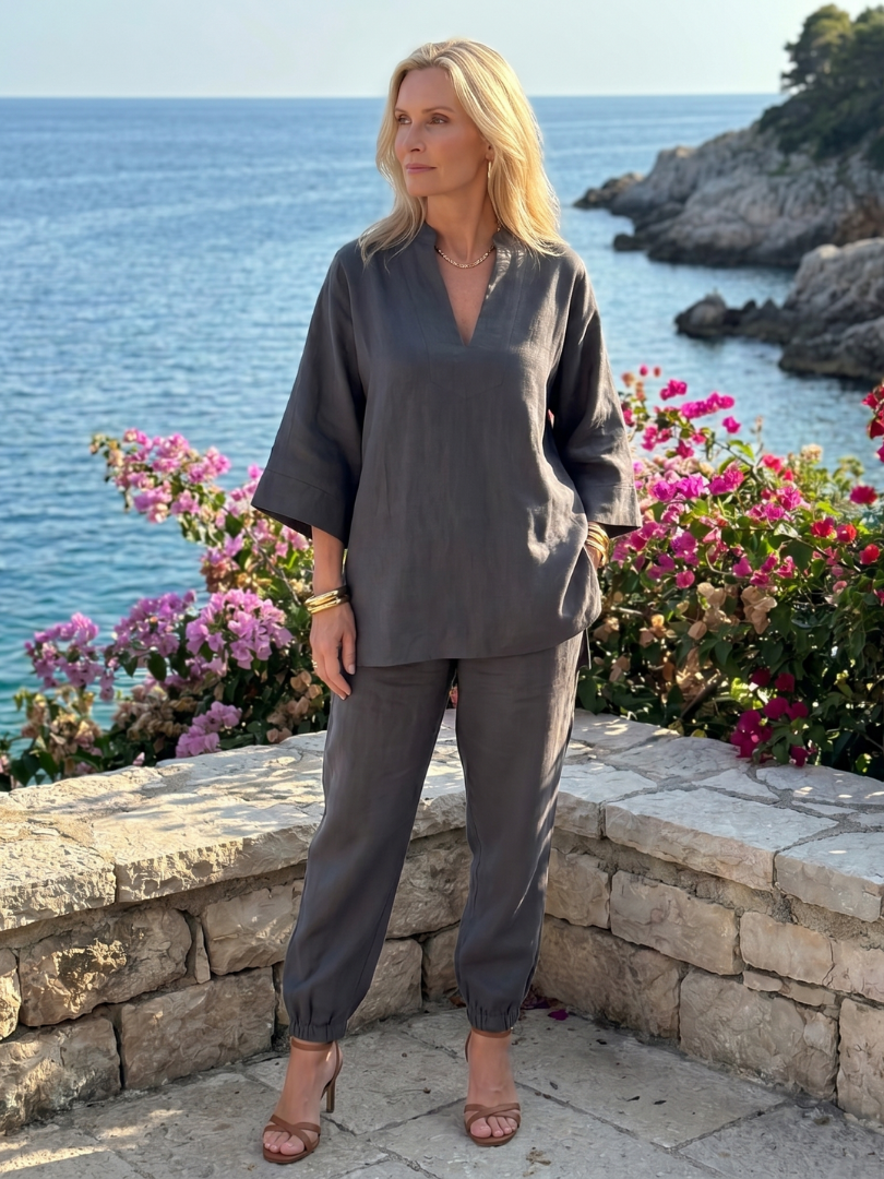 Perrina | V Neck Tunic Gathered Trouser Set