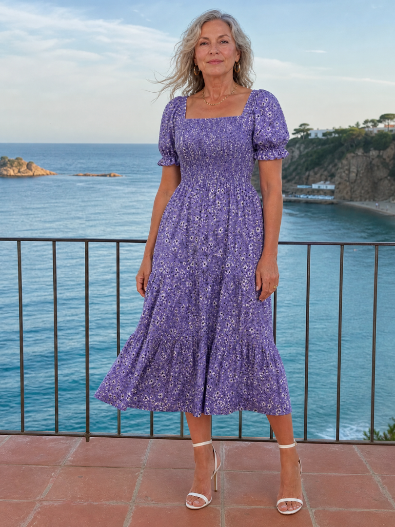 Serrina | Floral Smocked Square Neck Midi Dress