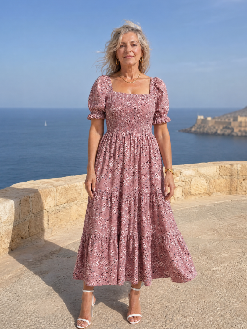 Serrina | Floral Smocked Square Neck Midi Dress
