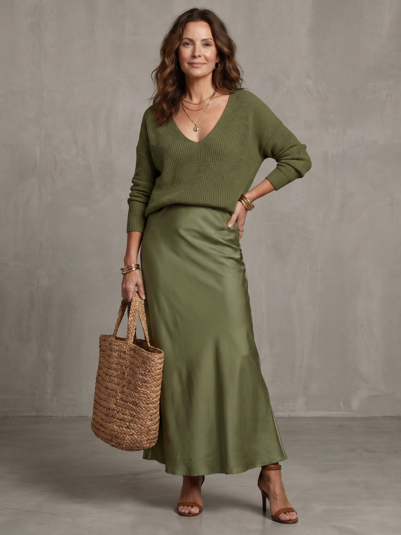 Lunwyn | Bias Fall Satin Skirt Knit Layer Set