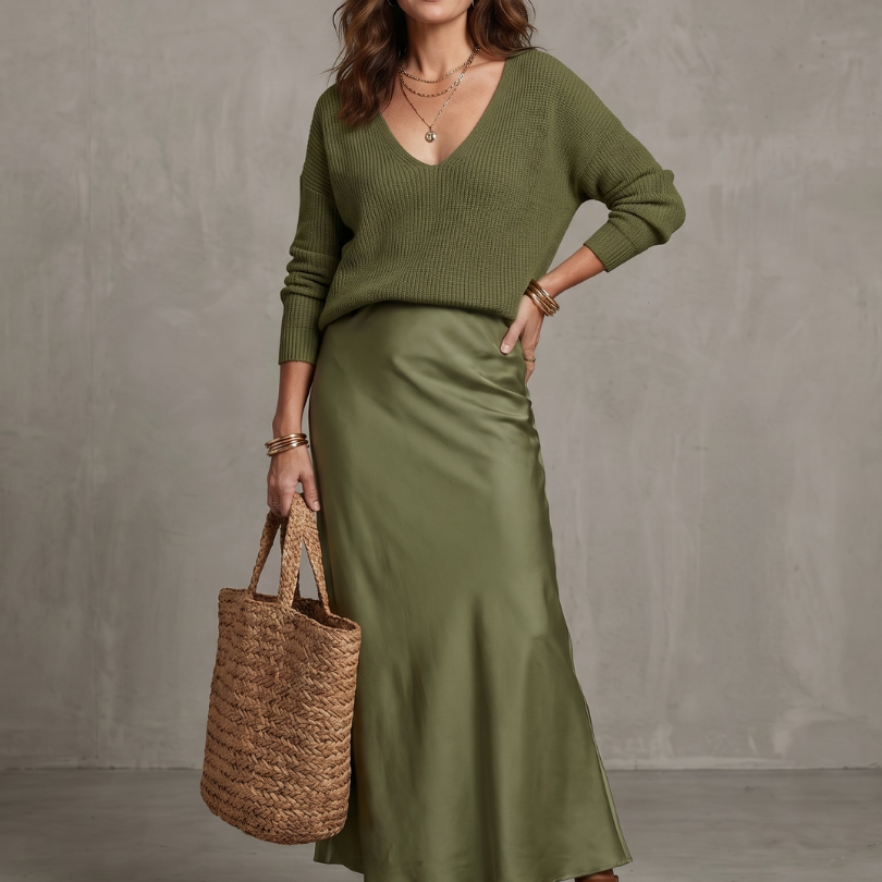 Lunwyn | Bias Fall Satin Skirt Knit Layer Set