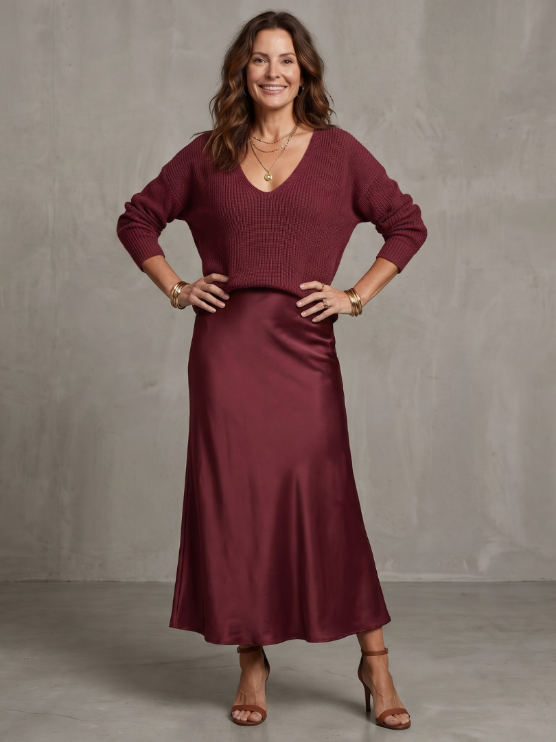 Lunwyn | Bias Fall Satin Skirt Knit Layer Set
