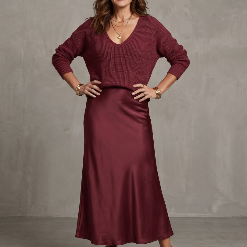 Lunwyn | Bias Fall Satin Skirt Knit Layer Set