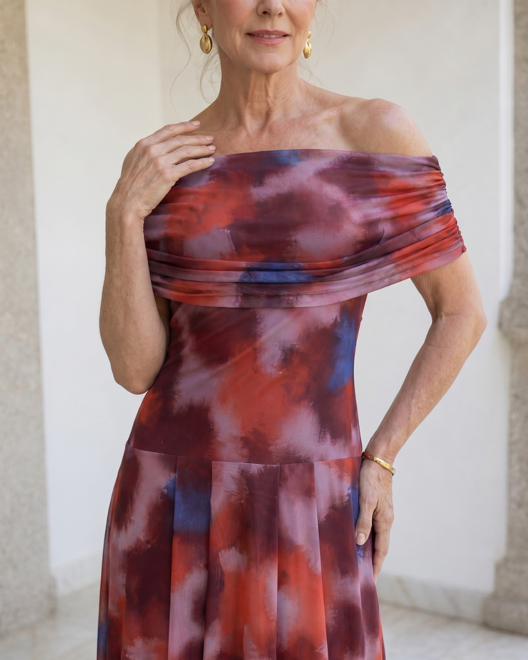 Sennia | Off Shoulder Watercolor Print Flowing Midi Dress