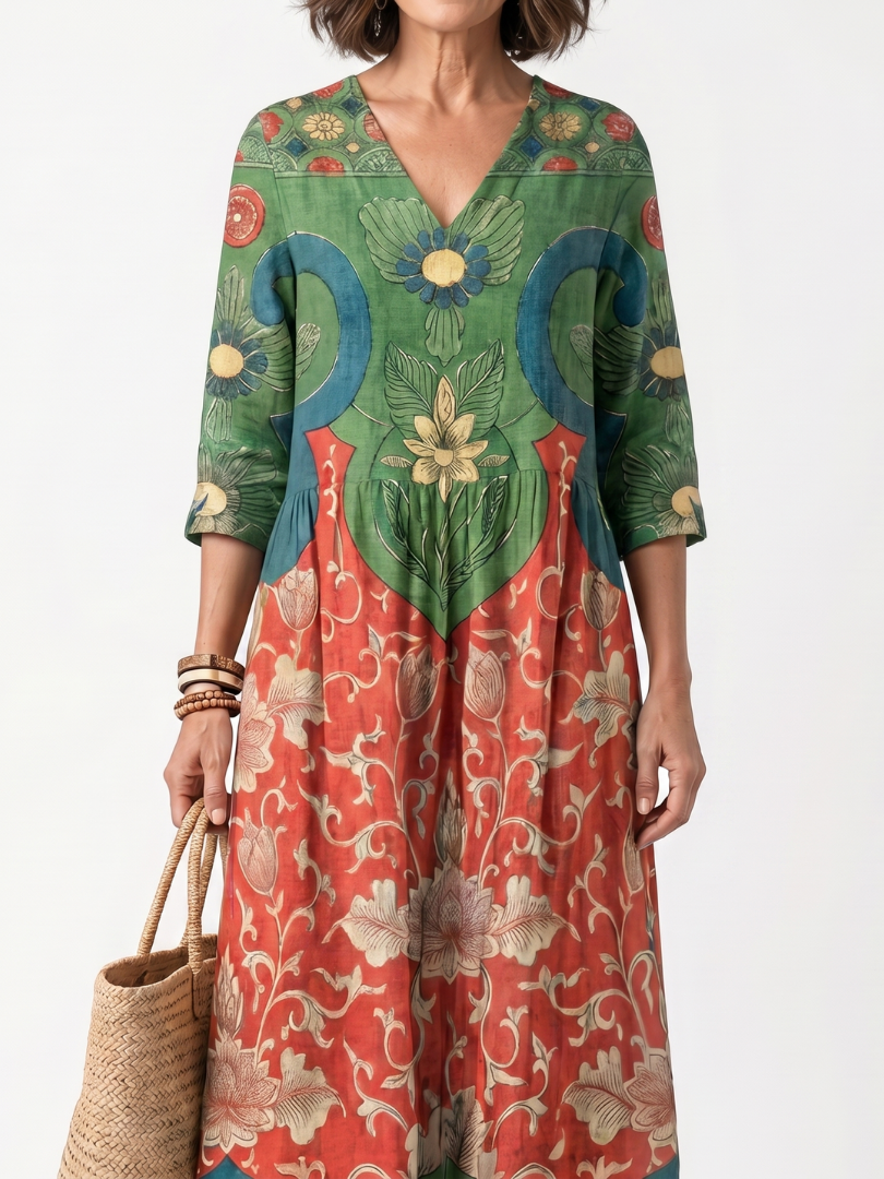 Saffsia | Mixed Print V Neck Pocket Midi Dress