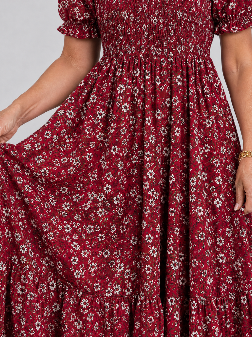 Serrina | Floral Smocked Square Neck Midi Dress
