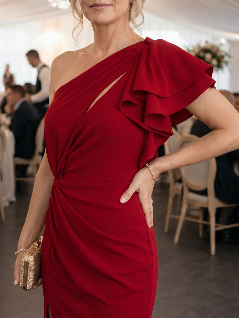 Theania | One Shoulder Draped Bodice Midi Dress