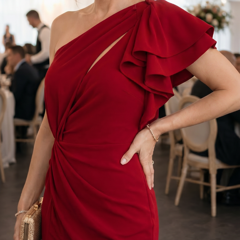 Theania | One Shoulder Draped Bodice Midi Dress