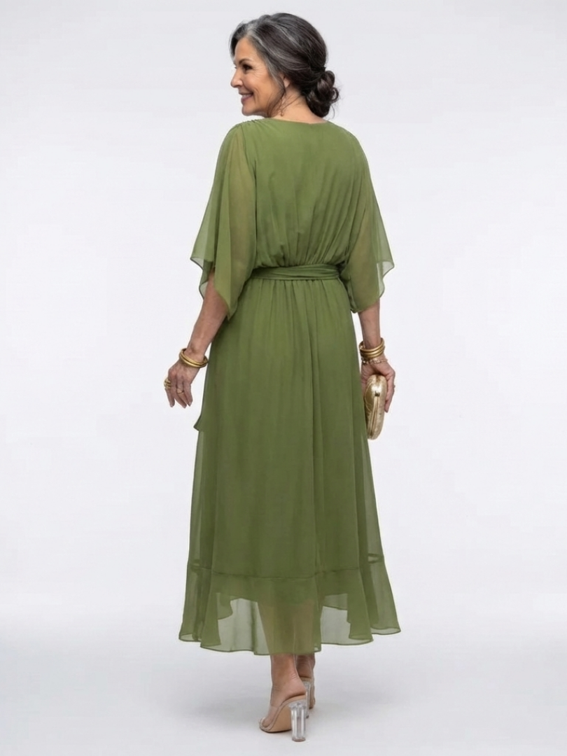 Mirmarie | V Neck Draped Waist Tie Midi Dress