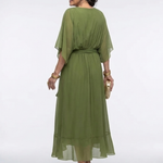 Mirmarie | V Neck Draped Waist Tie Midi Dress