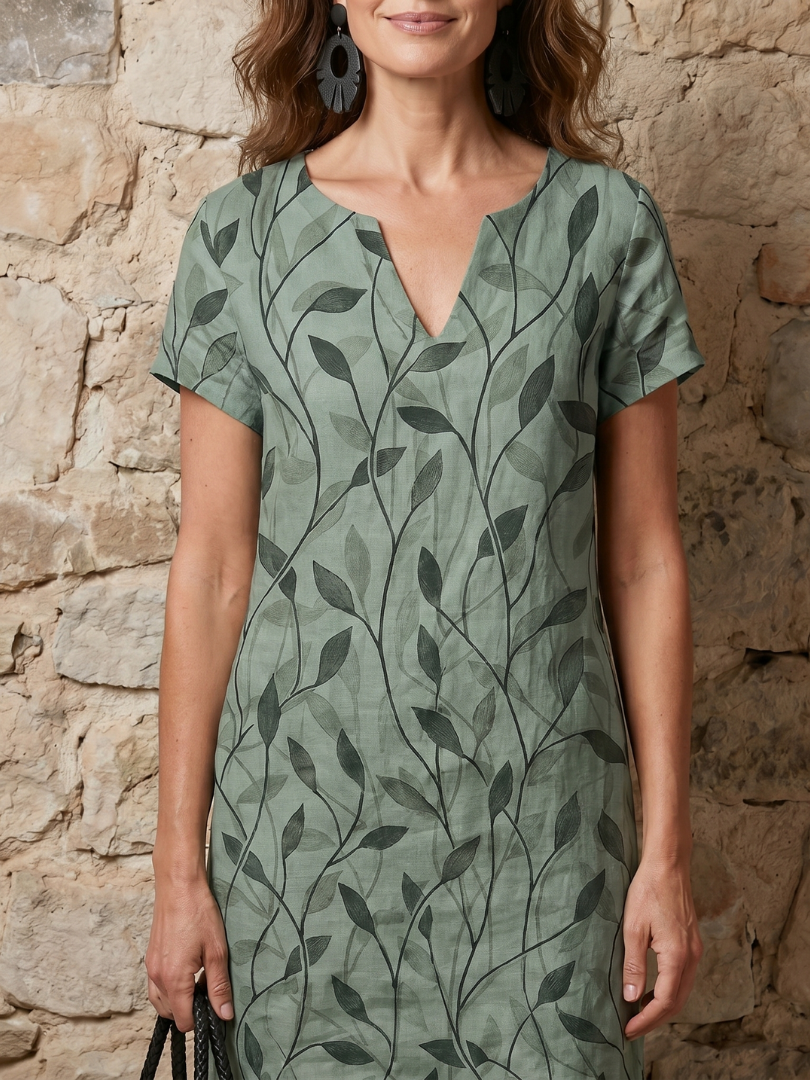 Merine | Leaf Print V Neck Knee Length Dress