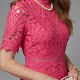 Dalvia | Short Sleeve Eyelet Lace Fitted Waist Midi Dress