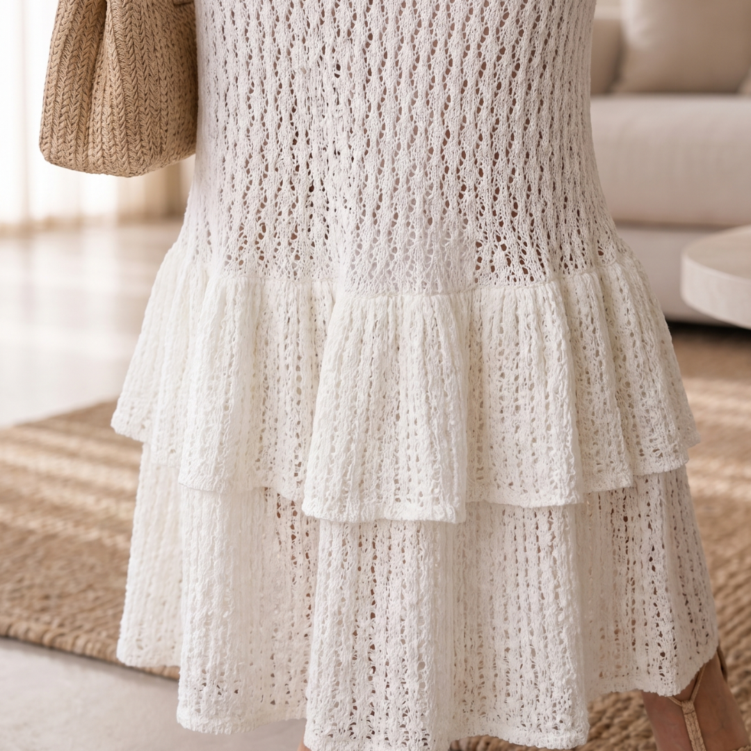 Merla | Open Knit Ruffle Hem Bodycon Midi Dress